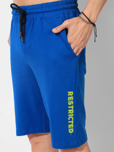 Load image into Gallery viewer, "RESTRICTED" solid print persian blue basic shorts